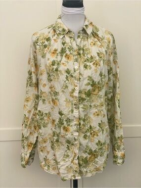 Laura Ashley Linen Blend Floral Button-Up Blouse Green Yellow Print Size Medium